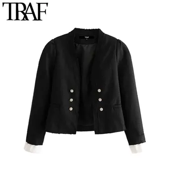 

TRAF Women Vintage Stylish Jewel Buttons Tassel Tweed Jacket Coat Fashion V Neck Long Sleeve Female Elegant Outerwear Chic Tops