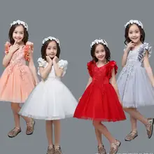 Вышитое платье с цветочным узором для девочек; вечерние платья принцессы с рукавами-лепестками; одежда для малышей на свадьбу; От 2 до 12 лет; E881