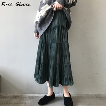 

Gold Velvet skirt Woman Autumn/Winter New Chic Temperament High Waist Large Pleated Skirt Female To Keep Warm