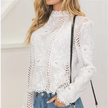 

Sexy Plus Size Lace Tops Women Hollow Out Elegant Lace Blouse Turtleneck Long Sleeves Elegant Ladies Office Shirts Tops