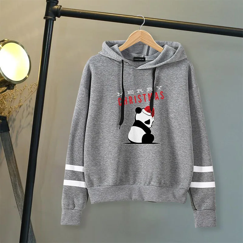 Merry Christmas Panda Girl толстовка с капюшоном Kawaii Женская Полосатая Толстовка с длинным рукавом Женские Пуловеры Топы