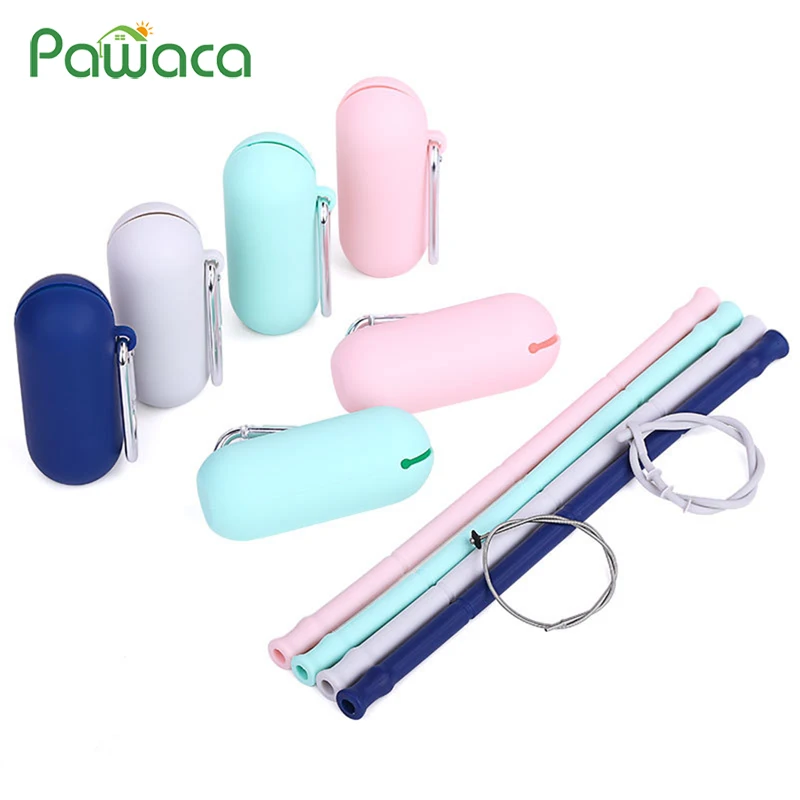

Collapsible Reusable Silicone Drinking Straw Portable Flexible Folding Straws with Case Cleaning Brush Keychain for Kids & Adult