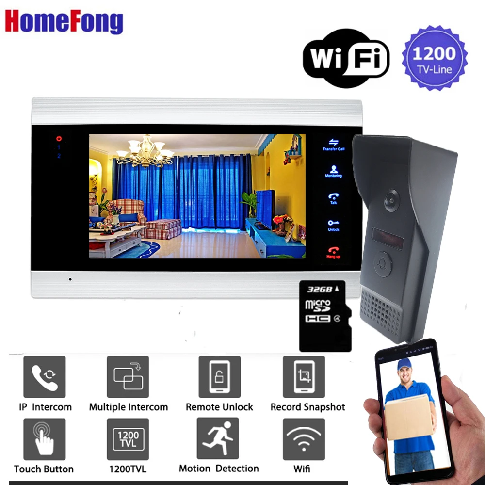 Homefong 7 Inch Wireless Video Door Phone Door Intercom IP Wifi Doorbell With Camera 1200TVL Unlock Record Motion Detection Homefong 7 Inch Wireless Video Door Phone Door Intercom IP Wifi Doorbell With Camera 1200TVL Unlock Record Motion Detection
