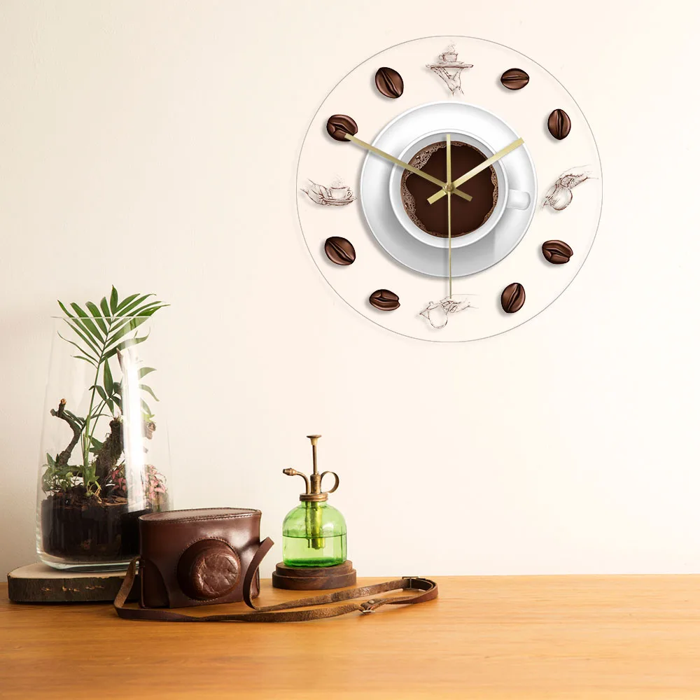 Coffee Hand Coffee Beans Wall Clock with LED Backlight Modern Design Cafe Coffee Mug Reloj De Pared Kitchen Acrylic Wall Watch 4