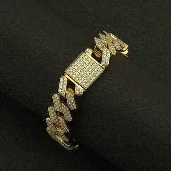 

15mm Bling Iced Out Men's Rapper Bracelet Full Micro Pave Rhinestones Metal Bangle Cuban Link Chain 10inch Hip Hop Jewelry