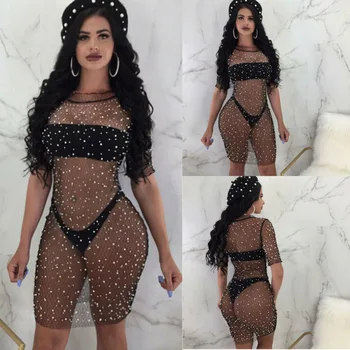 

Womens Lace Fishnet Dress See Through Shiny Black Mesh Knee Length Dress Sexy Clubwear Summer Dress Women