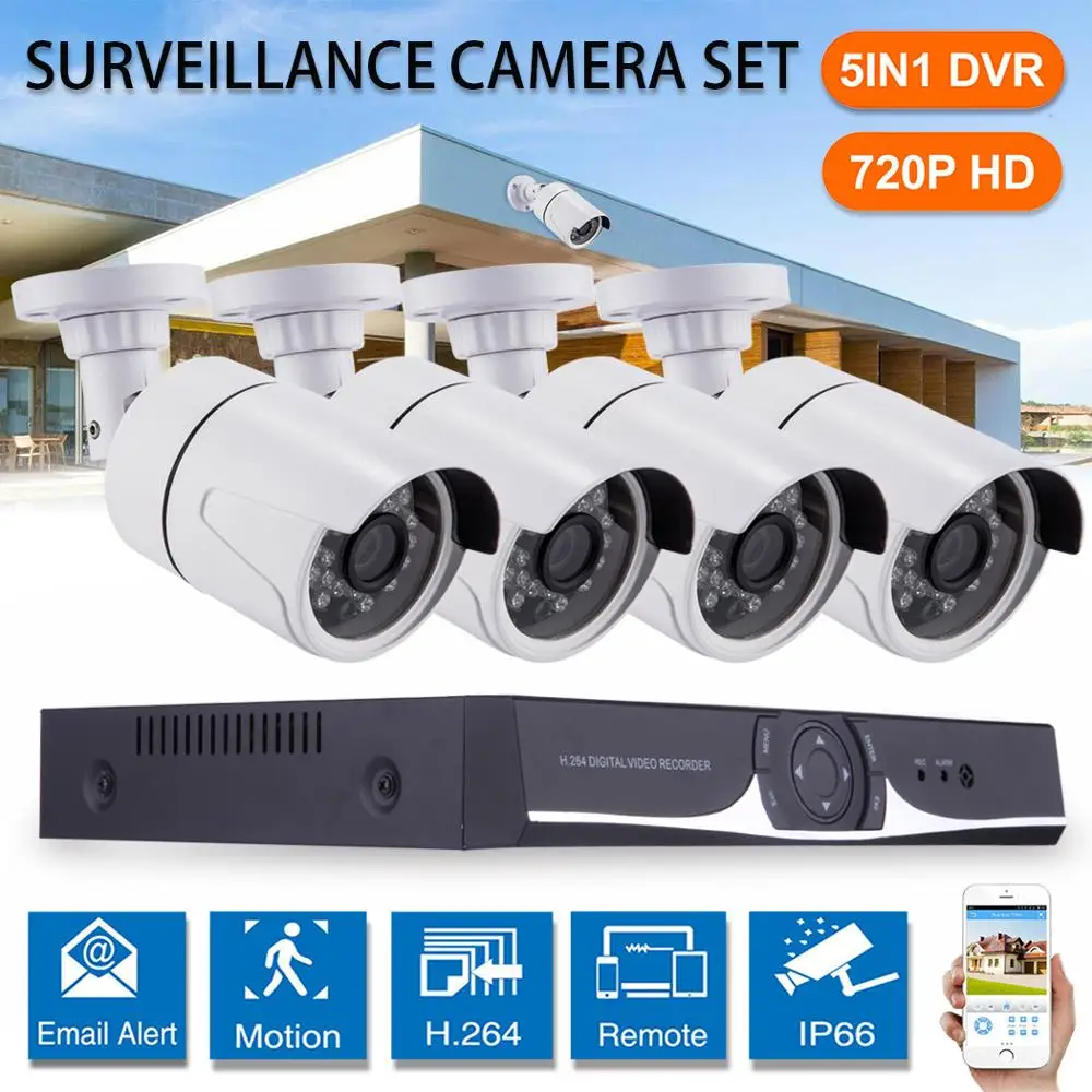 

DVR Kit Surveillance security 4 camera system home cctv video recorder hd night day 4 ch Monitor detection motion sensor 720P