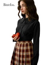 

[Biutefou] Original Design 2022 Spring Women Vintage Collar Embroidery Solid Color Long Sleeve Shirt