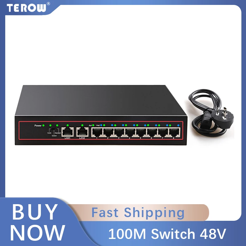10Port POE Ethernet Switch 48V VLAN 10/100Mbps IEEE 802.3 af/at Network Switch for CCTV IP Camera Wireless AP 250M Drop Shipping 1