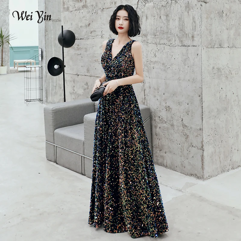 Wei yin AE0220 расшитые блестками винтажные Длинные вечерние платья без рукавов длиной до пола вечерние платья для выпускного вечера Vestido De Noiva