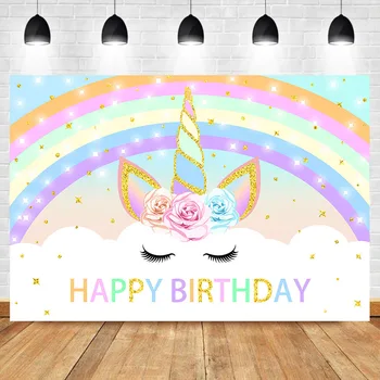 

Rainbow Gold Unicorn Backdrop Unicorn Happy Birthday Party Banner Photo Background Dessert Table Decorations Props Backdrops