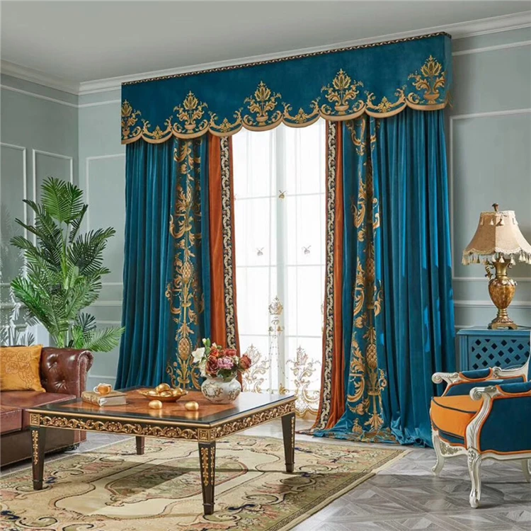 

Занавески на заказ, высококачественные европейские вышитые бархатные плотные дуплексные небесно-голубые тканевые занавески, Тюлевая драпировка, C129