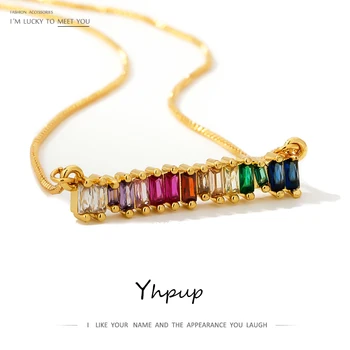 

Yhpup Trendy Rainbow Color Zirconia Necklace Copper Charm Metal Statement Chain Chokers Necklace for Women Office Party Jewelry