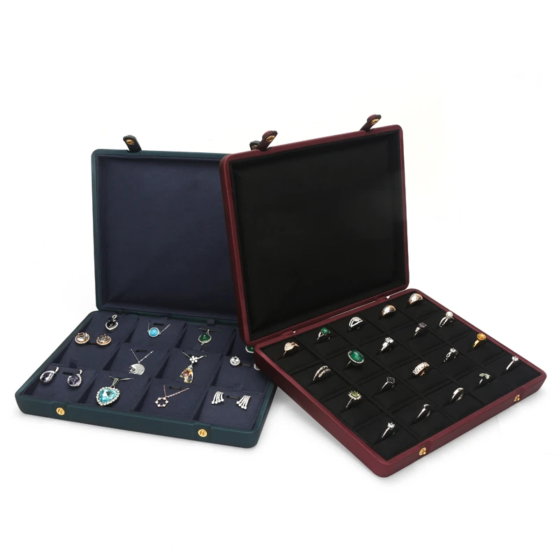 New Listing 12 Cells Retro Red Concealed Button PU Leather Jewelry Ring Pendant Display Tray For Organizer Holder Rack Stand