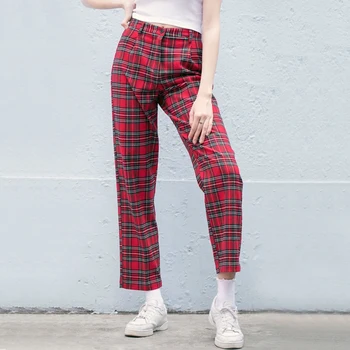 

2020 Summer New Fashion Womens Red Loose Casual Plaid Button Pants Girl Female Harajuku Clothes Streetwear B046