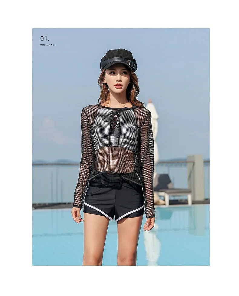 

2019 New Style Gauze Long Sleeve Three-piece Set Online Celebrity Simple Generous Slimming Sports Micro Angle Bathing Suit