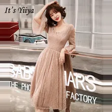 Это Yiiya платье для выпускного вечера, элегантные платья с расклешенными рукавами для женщин, вечерние блестящие платья размера плюс, короткие платья LF231