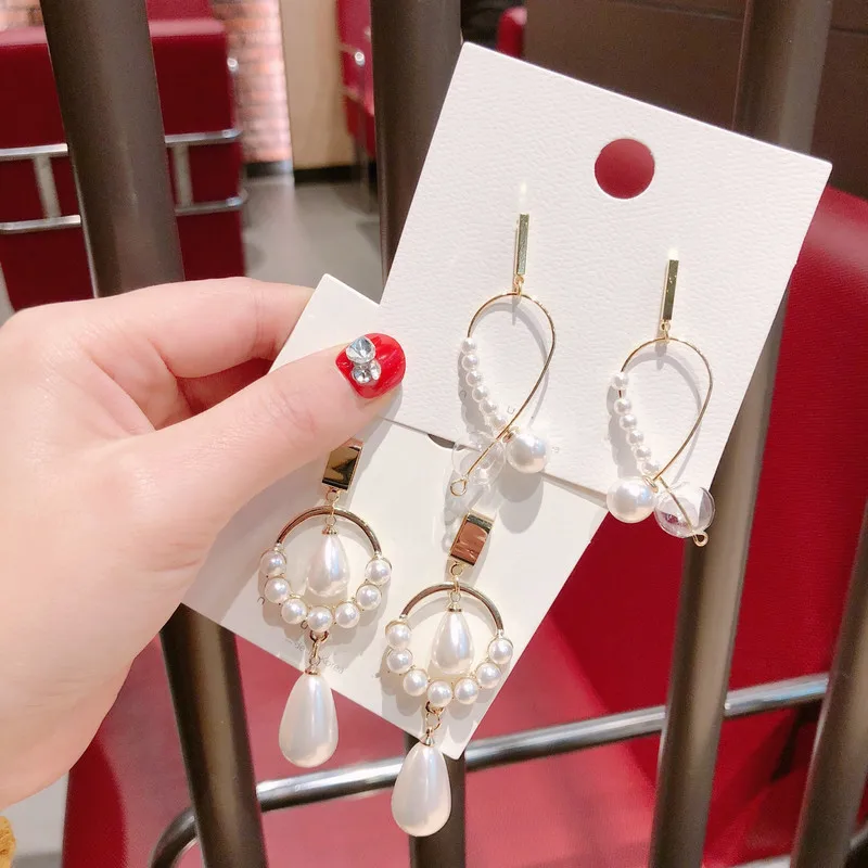 

2019 New Korea Style Jewelry Cute Geometric Alloy Imitated Pearl Simple Long Drop Earrings for Fashion Girl Women Accessories