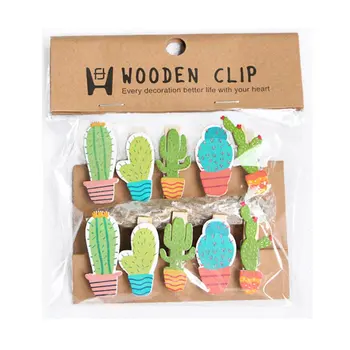 

10pcs/lot Kawaii Cactus Wooden Clips Mini Photo Paper Craft Clip School Decoration Stationery With Hemp Rope Christmas Gift