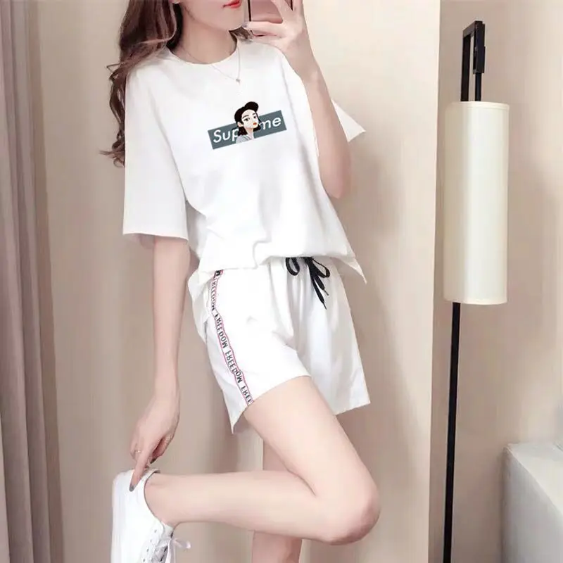 woman White Комплект из двух предметов, спортивный костюм, короткая летняя одежда для женщин, плюс Размер 3xl, Женский Повседневный короткий костюм со штанами, Студенческая верхняя одежда для девочек в стиле Харадзюку - Цвет: woman White