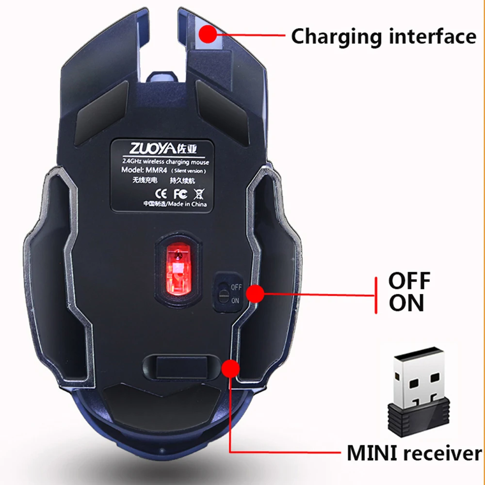 ZUOYA Мышь 2 4 ГГц Беспроводной светодиодный бесшумный заряжаемый USB игровой