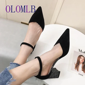 

2020 spring new ladies square heel shoes high heel shiny shoes mature shoes sandals B055