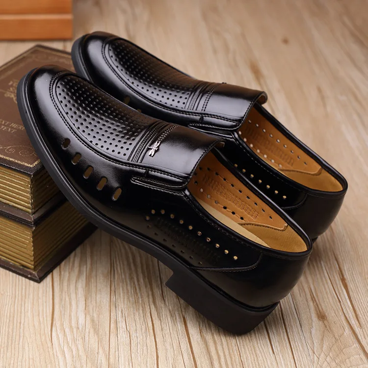 

MEN'S Sandals Pierced Black Leather Shoes Summer Style Breathable Porous Shoes Business Formal Wear Middle Aged And Elderly Peop