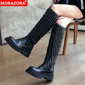 

MORAZORA 2020 Genuine leather boots square heels round toe ladies shoes fashion classic winter knee high boots black