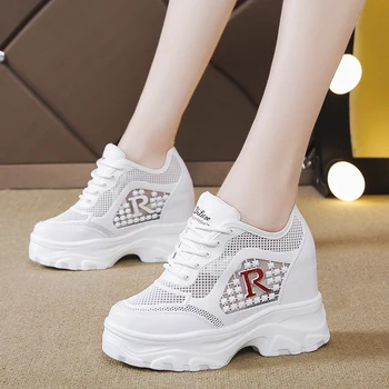 

2020 Breathable Mesh Female Sports Shoes Lace-up Sneakers Women Wedges Rubber Platform Shoes Women Vulcanized Shoes Woman Spring