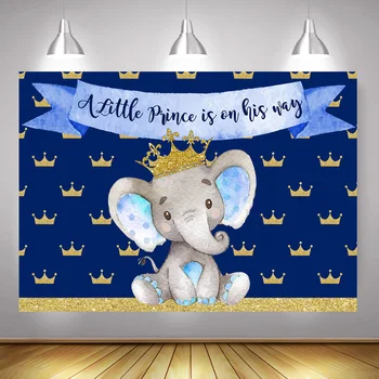 

Royal Little Prince Baby Shower Party Backdrop Newborn Boy Elephant 1st Birthday Background Repeat Golden Crown Photo Shoot