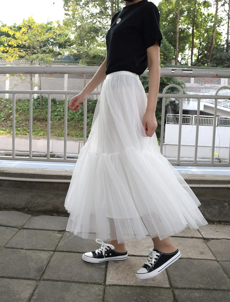 Pure color splicing net gauze puffy skirt new style women's small fresh and big swing gauze skirt women Skirts