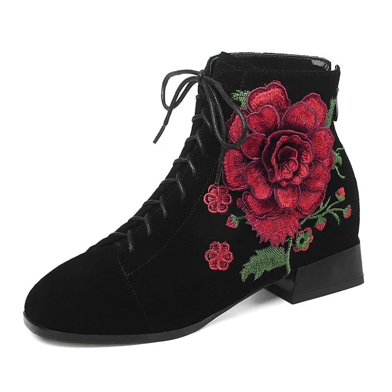 

Sexy Black Leather Lace-Up Ankle Boots Ethnic Embroider Suede Cozy Women Shoes Classics Back Zipper High Heels Zapatos Mujer