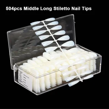 

504pcs Middle Long Stiletto Fake Nails False Nail Tips Full Cover Almond Shape False Nails Nail Art Tips with Box