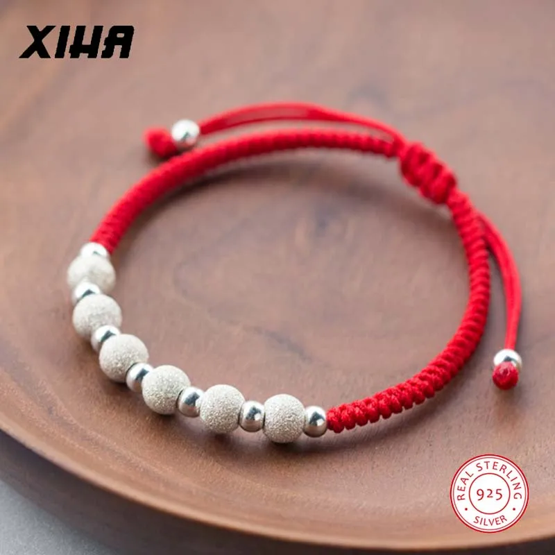 Счастливый Регулируемый браслет с красной нитью и бусинами, богемные 925 пробы, серебряные плетеные браслеты на веревочке для женщин, детей, девочек