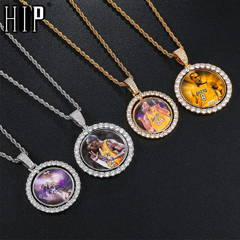 

Hip Hop Custom Made Photo Round Rotating Double-sided Iced Out Bling Cubic Zircon Necklace&Pendant For Men Jewelry Tennis Chain
