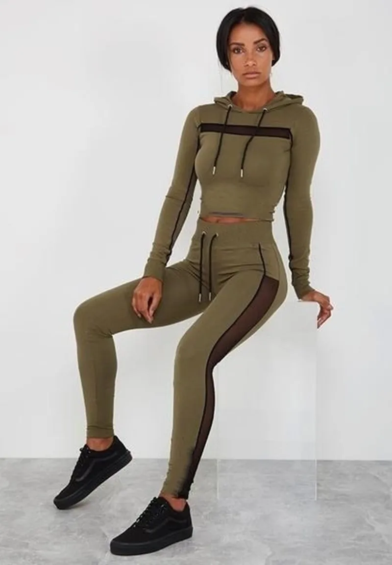 Комплект из двух предметов, спортивный костюм, женская одежда, Chandal Mujer, для бега, Femme, одинаковые комплекты, сетчатая Лоскутная Толстовка с капюшоном, укороченный топ, штаны, спортивный костюм