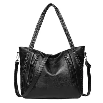 

Fashion Classic Women Shoulder Bag Soft PU Leather Handbag Multi Pockets Solid Color Top Handle Bags