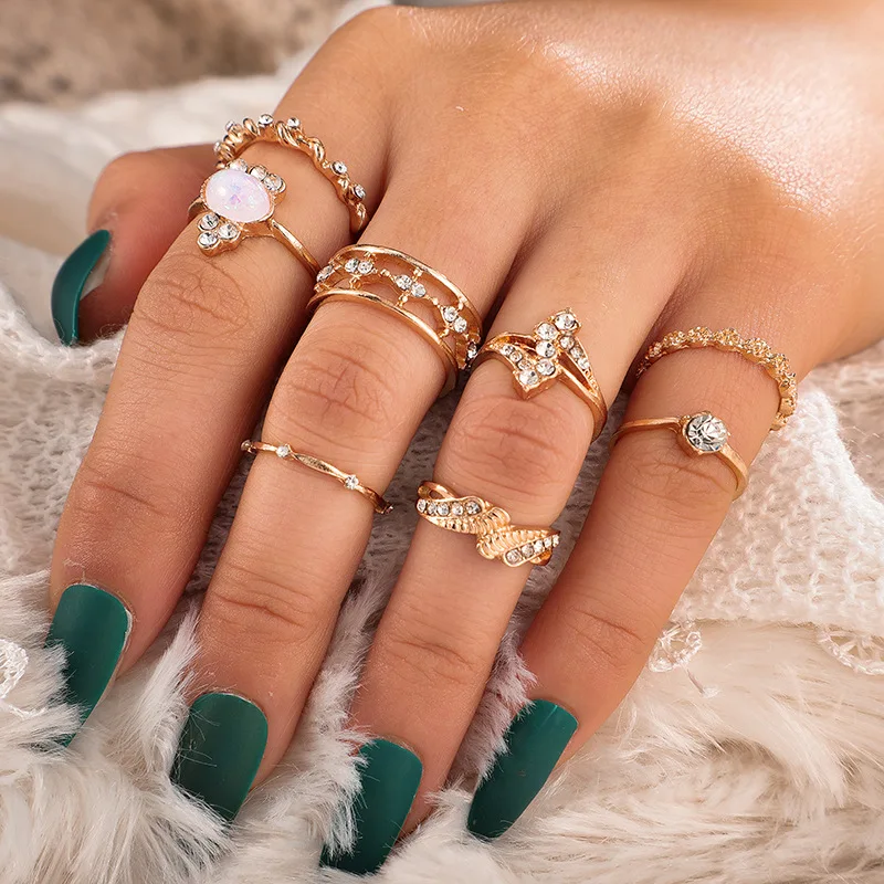 Docona Bohemian 9pcs/sets Gold Color Clear Crystal Opal Stone Rings Sets Geometric Women Jewelry Accessories A27303 | Украшения и