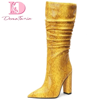 

Doratasia 2020 Fashion Large Size 45 Pointed Toe Concise Shoes Woman Boots Female Chunky High Heels Mid Calf Boots Women Shoes