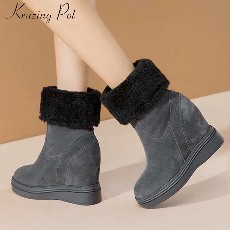 

krazing pot simple style solid super keep warm cow suede snow boots round toe wedges thick bottom breathable mid-calf boots L22