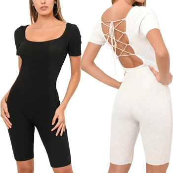 

Fashion Women Short Sleeve Backless Bandage Solid O neck Romper Jumpsuit Sumemr Skinny Slim Casual Playsuit Sports Outfits