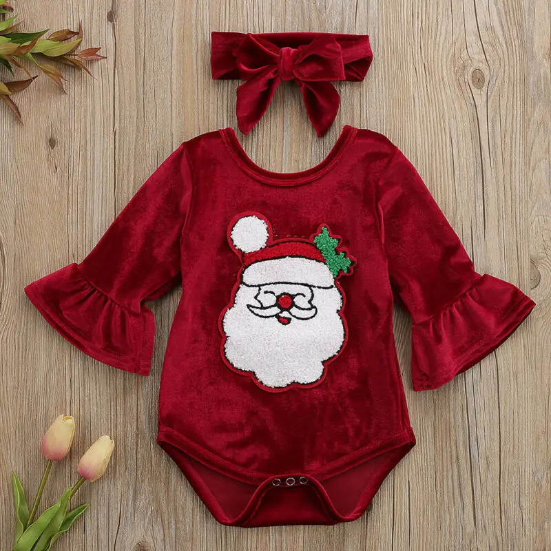 0 24M Christmas Baby Girl Romper Newborn Toddler Girl Cartoon Santa Red Jumpsuit Long Sleeve Ruffles