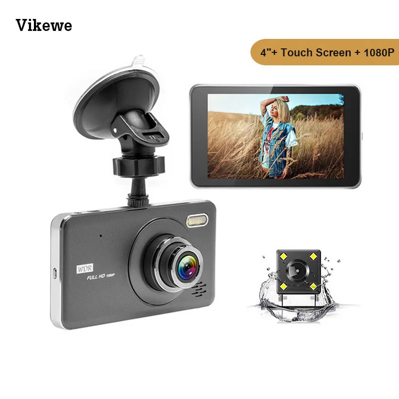 

Vikewe 4" Dual Lens Dash Cam Recorder FHD 1080P Car Dvr Touch Screen IPS Video Registrator Parking Monitor With Rear Camera