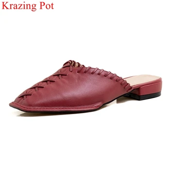 

Krazing pot genuine leather square toe low heel slip on mules simple style shoes women European design high quality pumps L03