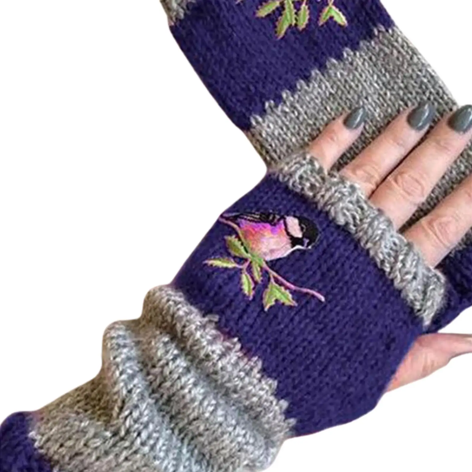 Heiße Frauen Herbst Winter Handschuh Vogel Bestickte Handschuhe Stricken Fingerlose Farbe Block Handschuh Bekleidung Zubehör