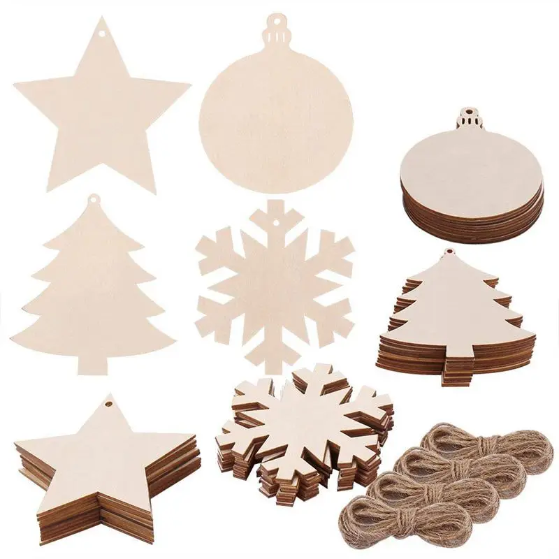 40 штук, 4 вида деревянных ломтиков с круглыми деревянными, снежинками, звездами, вырезами на елку и джутовым шпагатом для детских поделок