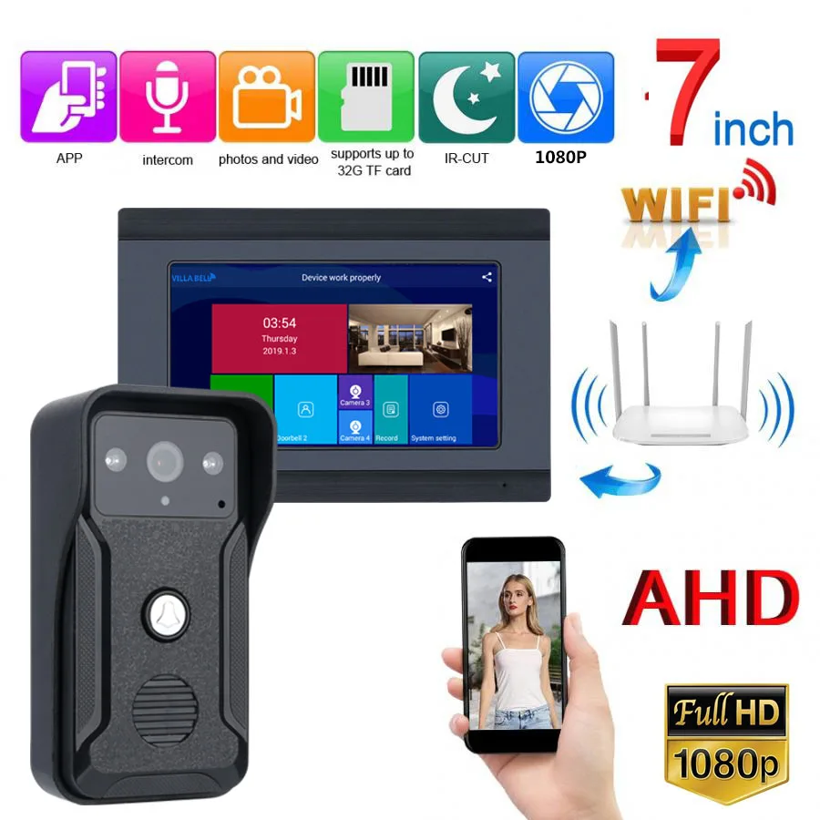 Best 7 inch Wired Wifi Video Door Phone Doorbell Intercom Entry System with HD 1080P Wired Camera Night Vision,Support Remote APP int