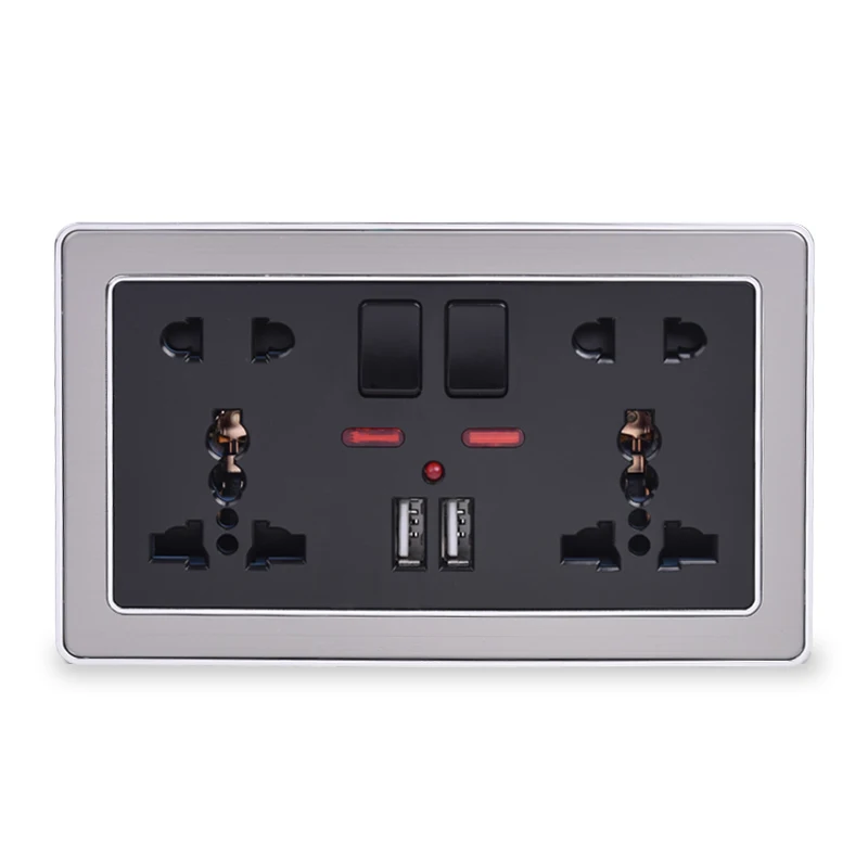 

Double Universal 5 Hole Switched Wall Socket With Neon 2.1A Dual USB Charger Port Stainless Steel Frame Black Outlet