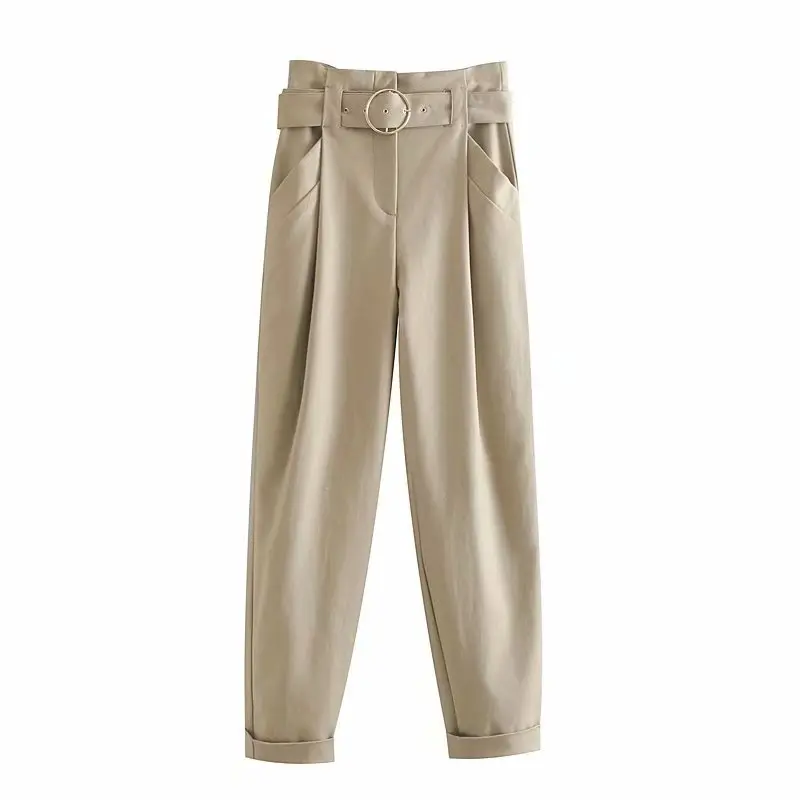 

Large Belt Pencil Pants Women Khaki Autumn Simple Retro High Waist Fold Pants Slim Ladies Trousers Long Casual Pants