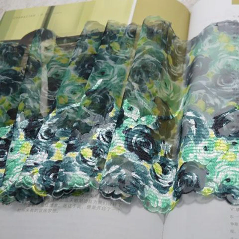 

10meters Green Flowers Embroidered Lace Trim Mesh Fabrics For Bra Lingerie Underwear Women's Dress Decor 19cm Width High Quality